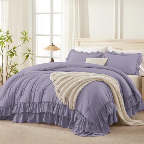 Andency Rüschen-Bettwäsche-Set für Kingsize-Bett, Shabby-Chic-Stil, Bauernhaus-Bettwäsche, weiche, leichte, flauschige Mikrofaser, für alle Jahreszeiten, 3-teiliges Bettwäsche-Set, Grau-Violett