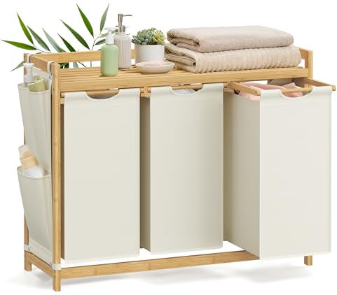 SONGMICS Wäschekorb 3 Fächer, Bambus, Wäschesammler 150 L, Wäschesortierer, mit Ablage, Wäschesack, kleine seitliche Taschen, Wäscheregal, 3 x 50 L, 94 x 33 x 78 cm, cremeweiß RLH115W01