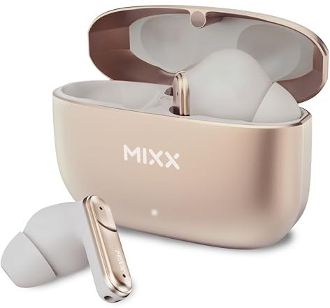 Mixx StreamBuds Custom 3 True Wireless In-Earbuds, Bluetooth Wireless In-Earphones, In-Ear Headphones 24-Hours Playtime, Touch Controls, Zinc Alloy Case, Clear Voice Quad Mic - Rose-Gold