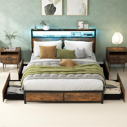 GOPLUS Doppelbett mit LED-Beleuchtung, Kopfteil & Ladefunktion, Metallbett mit 4 Schubladen, Stauraumbett mit Lattenrost aus Metall, Jugendbett Industriell, Ohne Matratze (160 × 200 cm)