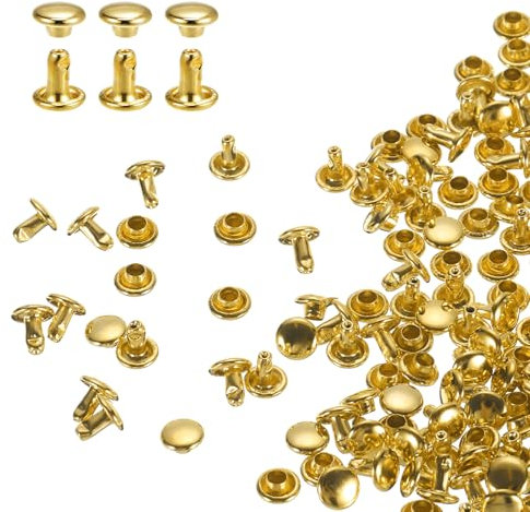 QUARKZMAN 100er Set Leder Nieten 6x6mm Runde Doppelkappe Tubular Metall Hohlnieten Spitznieten Zubehör Schraubnieten Rücknieten für Lochzange Gürtel Dekoration Kleidung Handwerk (Gold)
