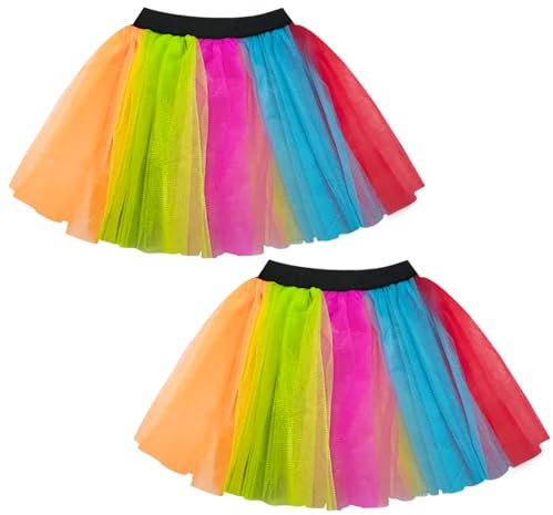 TUONYIS 2 Pièces Tutu Néon des années 80, Jupe Tutu Femme 3 Couches Tulle, Disco Costume Vetement Fête Néon Tutu Fluo, Jupe Tulle des années 1980, Halloween Carnaval Costume De Fête (Arc-en-Ciel)