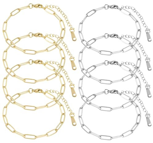 LunarCharm 8-teiliges Büroklammer-Kettenarmband-Set, Edelstahl, 18 Karat vergoldet, verstellbare Charm-Armbänder mit Karabinerverschluss für die DIY-Schmuckherstellung