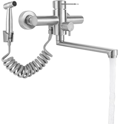 Grifo de cocina para montaje en pared, grifo de pared de cocina con pistola pulverizadora, grifo de cocina giratorio 360°, montaje en pared, caliente y frío, 3 modos de funcionamiento, acero