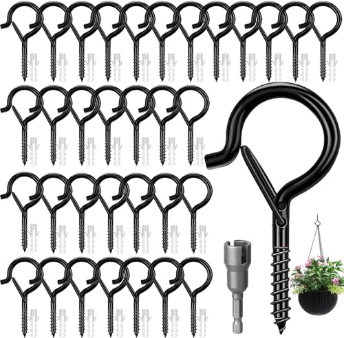 Feluxor 36 Piece Screw Hooks for Garden Lights, Ceiling Hooks with Safety Latch, Stainless Steel Screw Hooks in Black with Safety Fastener for Plant Baskets, Birdhouses, Wind Chimes, and String Lights