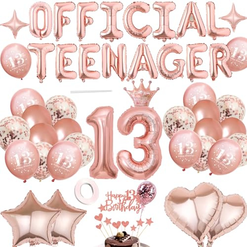 Deko 13 Geburtstag Mädchen,Offizielle Teenager 13. Geburtstag Dekorationen | Luftballons Deko RoséGold mit Birthday Cupcake Toppers,Tortendeko,für 13 Party Dekoration
