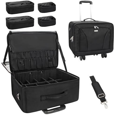 17.7 Professional Makeup Trolley on Wheels – Extra Large Cosmetic Organizer, Rolling Makeup Case for Artists/Salons, Hairdressing Trolley, Beauty Case with Adjustable Dividers, Travel Vanity Trolley