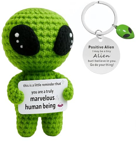 Pwsap Emotionale Unterstützung Alien Pocket Hug Positive Strickwolle, Kreative Puppe mit Karte und Schlüsselanhänger, Glücksbringer für prüfung, Geschenk für Lehrer, Freunde, Kollegen