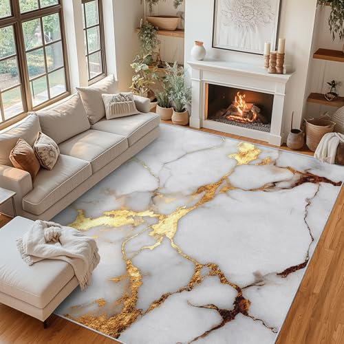 Generisch Teppich Wohnzimmer Weiß Gold Marmor, Teppich Fluid Art Moderne für Schlafzimmer 140 x 200 cm, Weicher Waschbarer Antirutsch Kurzflor Dekoration Carpet P-&5