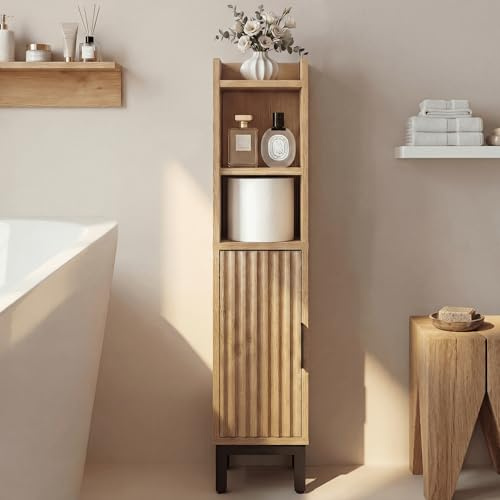 Small Bathroom Storage Cabinet Corner Narrow Toilet Paper Floor Cabinet Oak | Druvia Freestanding Slim Bathroom Organizer with Door and Adjustable Shelves, for Small Spaces 4-Tier Modern 7.1'' Wide