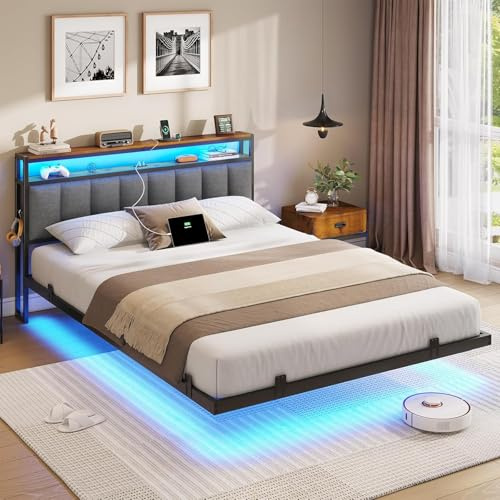 AOGLLATI Letto Matrimoniale, Letto 160x200 cm con Illuminazione a LED e Stazione di Ricarica, Struttura Letto con Testiera Imbottita, Effetto Visivo Levitante, Stile Minimalista, Grigio Scuro