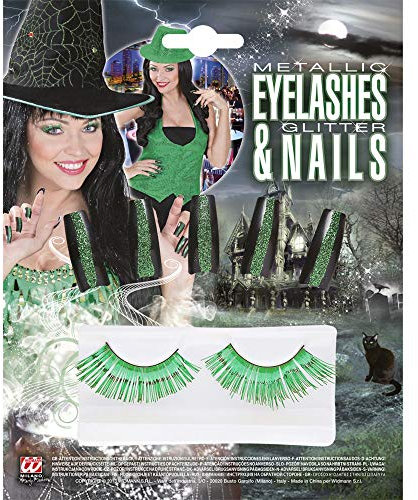 SET OF GREEN EYELASHES AND 10 GLITTER NAILS