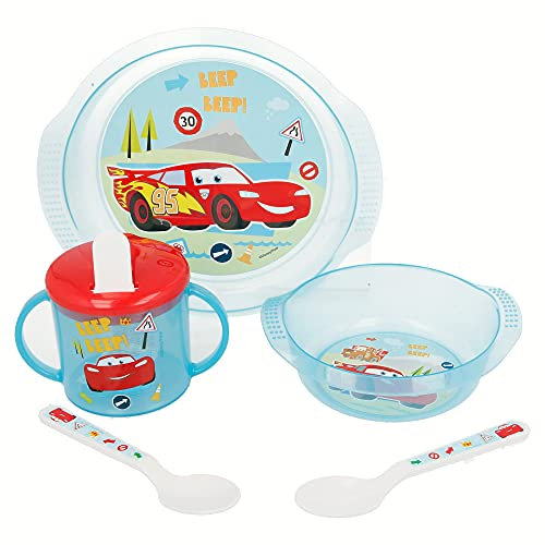 Disney Cars Round The Block Micro Easy Baby, 5 Stück (Teller, Schüssel, Tasse und 2 Löffel)