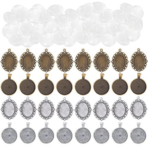 BELLE VOUS 64 STK Schmuck Anhänger Tabletts mit Cabochon Fassungen Set - 32 x Glas Cabochon & 32 x Runde/Ovale Leere Lünette Anhänger in 2 Farben - DIY Bastelset für Schmuck, Fotos & Geschenkketten