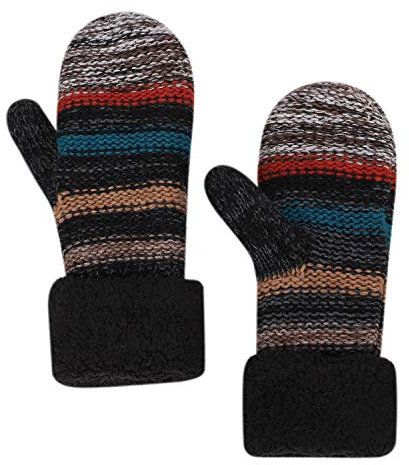 ITODA Handschuhe Damen Fausthandschuhe Winter Fäustlinge Strickhandschuhe Mädchen Thermohandschuhe Plüschfutter Winterhandschuhe Gestreifte Outdoorhandschuhe Gestrickte Skihandschuhe für Outdoor