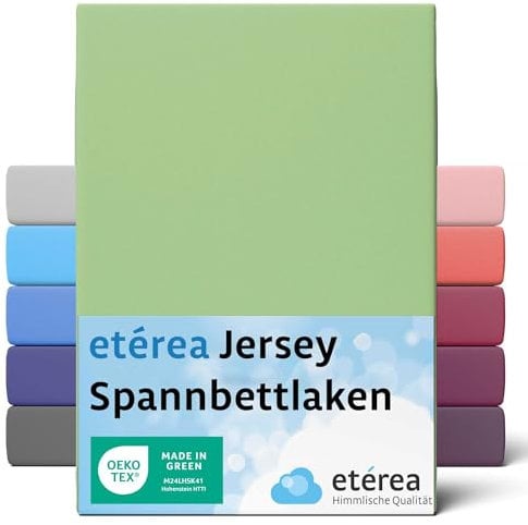 etérea Jersey Spannbettlaken 200x220cm Minze bis 25 cm Höhe - 100% Baumwolle Spannbetttuch Oekotex - Bed Sheets Leintuch Bettbezug mit Rundumgummi - Bettlaken 200x220 cm - Grün