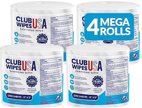 Club Wipes USA Sanitizing Wipes: 5000 Unscented Wipes (8 x 5): 4 Refill Mega Rolls for Floor Stand and Wall Dispensers - For Gyms, Restaurants, Offices