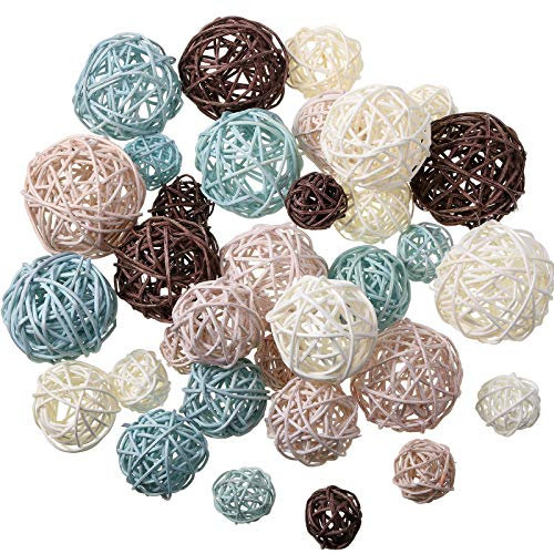 36 Pcs Wicker Rattan Balls Decorative Balls for Centerpiece Bowls Orbs Vase Fillers for Halloween Fall Craft, Wedding Party, Potpourri Decoration, 4 Sizes (Light Blue, Light Brown, Dark Brown, White)