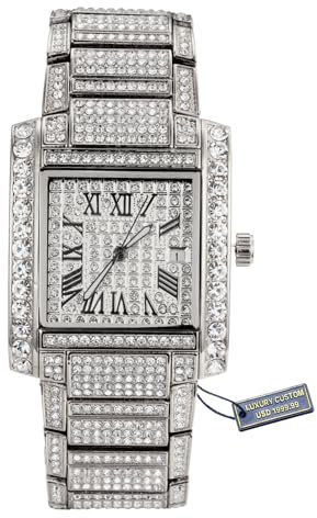 Halukakah Herrenuhr – Moissanit Diamant Iced Out – Luxus Platin-Weißgold Plattiert, 36MM Eckiges Zifferblatt mit Römischen Zahlen und Kalender, Massiv Gefertigt, 21,5cm Armband – Kommt mit Geschenkbox