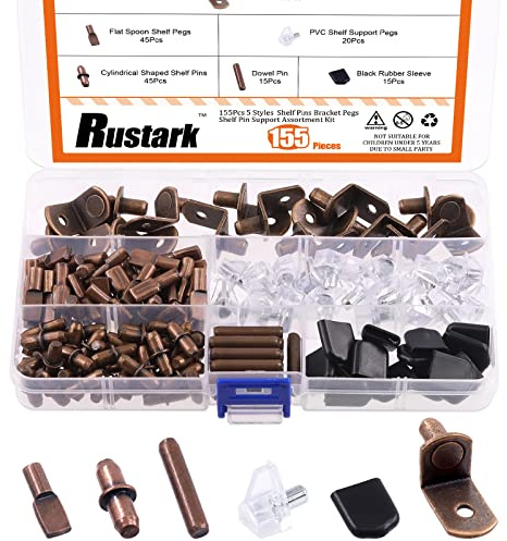 Rustark 155Pcs 5 Styles Bronze Shelf Pegs Shelves Pins Bracket Pegs Cabinet Support Metal Pegs Assortment Kit for Glass Shelf Holes Bookshelf Furniture