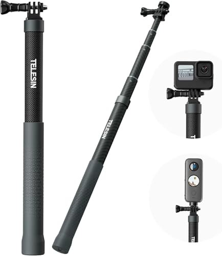 TELESIN Selfie Stick con Treppiede per GoPro Max Insta360 (120cm/47.2 pollici), Estensione Telescopica in Fibra di Carbonio Lungo Selfie Pole per Go Pro Hero 13 12 11 10 9 DJI Osmo Action insta360