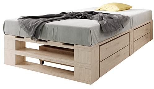 sunnypillow Palettenbett M2 aus Holz 90 x 200 cm mit Lattenrost und 2 Bettkästen. Stabiles Seniorenbett Kinderbett Jugendbett Gästebett erhöhtes Einzelbett Bettgestell Futonbett Komforthöhe Naturholz
