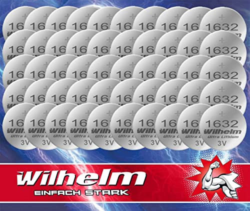 50 x CR1632 CR 1632 WILHELM Lithium Knopfzelle 3V 140 mAh ø16 x 3,2 mm Batterie DL1632