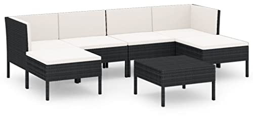 vidaXL Gartenmöbel 7-TLG. mit Auflagen Sitzgruppe Sofa Lounge Garten Garnitur Gartenset Gartensofa Ecksofa Mittelsofa Tisch Fußhocker Poly Rattan Schwarz