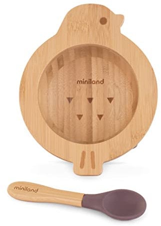 MINILAND - WOODEN BOWL CHICK, Babyschale aus FSC zertifiziertem Bambusholz, BLW geeignet, mit Saugnapf und Löffel mit weicher Silikonspitze