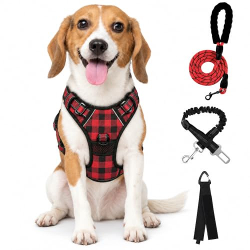 FURRYFECTION Harnais Anti-Traction Réfléchissant À Carreaux Rouges Taille M | Tissu Oxford résistant, poignée rembourrée, 4 sangles réglables, 2 clips de laisse, sans étranglement pour chiens