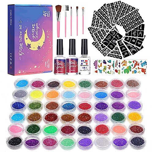 Solong Kinder Glitzer Tattoo Set - 48 Farbglitzer, 318 Schablonen - Wasserfest, Hautfreundlich, Ideal für Geburtstage, Partys und Karneval