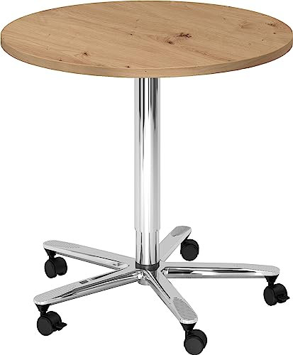 bümö Säulenhubtisch höhenverstellbar, Stehtisch Büro, Bistrotisch rund 80 x 80 cm - Besprechungstisch Asteiche, Stehtisch Holz-Platte, Säule aus Metall verchromt, Säulentisch, Hochtisch