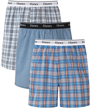 Hanes Herren Originals Cotton Woven Boxers Pack, Moisture-Wicking Underwear for Men, 3-Pack Boxershorts, Blaues Karomuster, Medium (3er