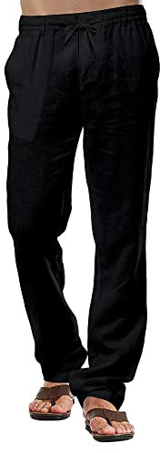 CTU Homme Lin Pantalons Casual Coton Pantalons été Plage Pantalons léger Cordon Pantalons Noir XL 80% Coton, 20% Lin