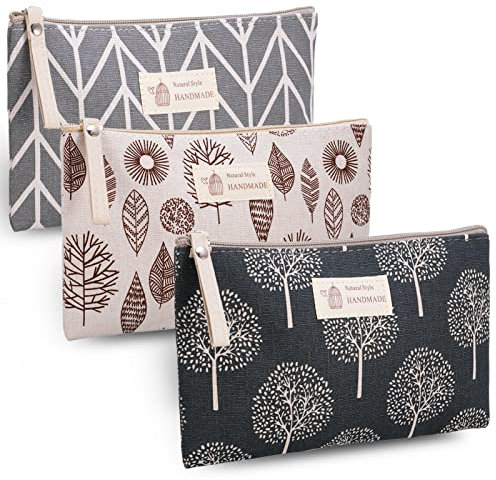 Firtink Canvas Cosmetic Bag, 3 PCS Small Make Up Bag, Printed Makeup Bag Pouch Multifunctional Travel Toiletry Bag with Zipper for Women and Girls Mothers Day Gifts