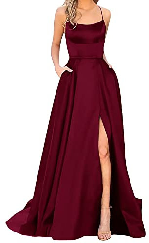 Damen Abendkleid Lang mit Schlitz - Satin Ballkleid Elegant Neckholder Kleider mit Taschen A-Linien Rückenfreies Spaghetti Sexy Abendkleider Langes Hochzeitskleid Brautjungfernkleider Party Kleid