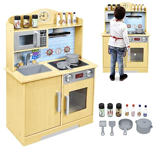 UISEBRT Cuisine Enfant en Bois, Cuisine Jouet avec Plaque de Cuisson, évier, Micro-Ondes, Hauteur 92 cm, Dès 3 Ans, modèle B