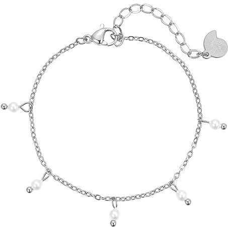 Happiness Boutique Damen Armkette mit Perlen Anhänger | Wasserfestes Perlen Armband aus Edelstahl in Gold - Rosegold, Silber | Filigrane Armkette mit Perle Charm