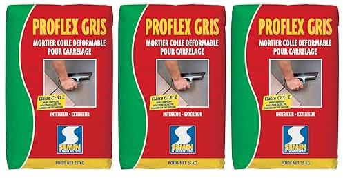 Mortier Colle Déformable pour Carrelage Proflex Gris Semin, Intérieur/Extérieur, sac de 25 kg (lot de 3)