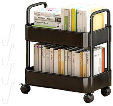 Irrun 2/3/4 Tier Rolling Storage Trolley, Utility Organiser Cart on Wheels, Mobile Storage Shelves with 4 Hooks, Multifunction Unit Cabinet Shelf for Dormroom Kitchen (2 Layers Black)