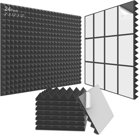 JBER 24Pack Pyramid Sound Proof Foam Panels, 2 X 12 X 12 Self-Adhesive Acoustic Wall Paddings for Home Office Studios (Black)