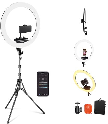 NEEWER Professionelles Ringlicht mit Ständer und Telefonhalter, 18 dünn, 45W 2900K-7000K TLCI98, Fernauslöser und App Steuerung, weichere Beleuchtung für Make up Live Stream TikTok, RP18B Pro Schwarz