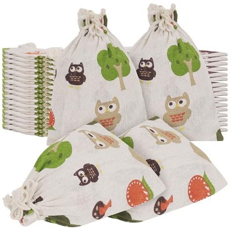 CAIRIAC Wiederverwendbare Eulen-Geschenktüten mit Kordelzug, Baumwollbeutel für Geburtstag, Hochzeit, Babyparty, Urlaub, Party, Geschenke, Verpackung, Leckerli-Taschen (12,7 x 17,8 cm, 20 Stück)