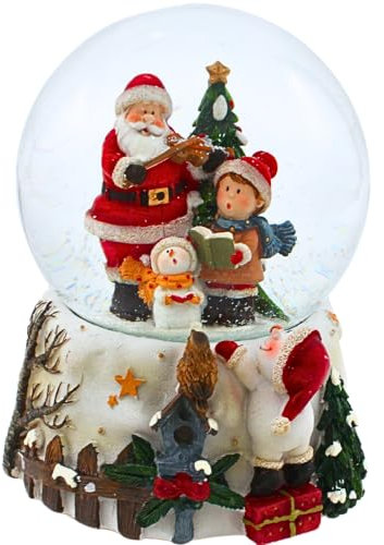 Dekohelden24 Schneekugel - Weihnachtsmann mit Geige und singendem Kind und Schneemann, mit Spielwerk, Melodie We Wish You, aufwendig verzierter Sockel, Maße L/B/H: 11 x 11 x 13 cm Kugel Ø 10,5 cm