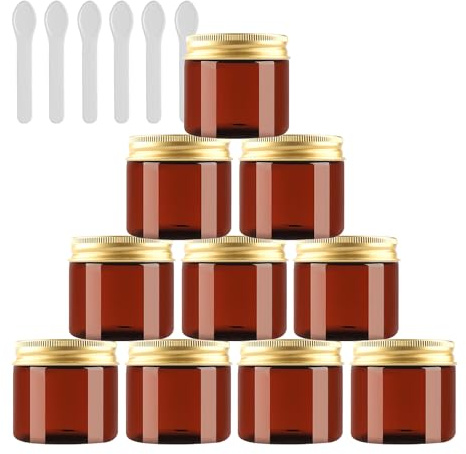 PQPAUTY 12 Pièces Vides Petit 50 ml Marron Cosmétique Pot en Plastique avec Couvercle Or 50 g Pots de Cosmétique Crème de Bouteille Contenant avec 6x Spatules