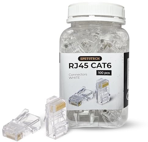 Spetstech RJ45 Connectors 100-Pack Cat 6 non-Through (Cat 6 Ends / Cat6 Plugs / RJ45 Modular Plugs/Ethernet Connectors) for Solid or Stranded UTP Ethernet Cables (100, White)