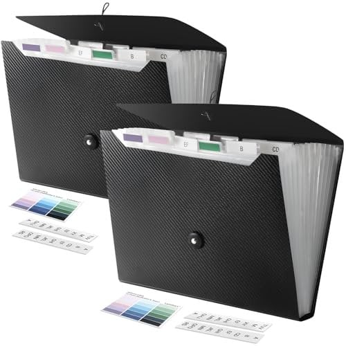 Lamitocs 2 Stück Dokumentenmappe A4, Dateiorganizer mit 13 Fächern und farbigen Etiketten, A4-Kunststoffmappe zur Dokumentenaufbewahrung für Schule, Büro und Zuhause,Schwarz