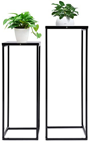 HOARLICN Modern Blumenhocker 2er Set, Metall Schwarz Eckig Blumenständer 22 X 22 X 60 Cm/25 X 25 X 70 Cm Pflanzenständer Heimdekorations-Fensterständer, Schwarz