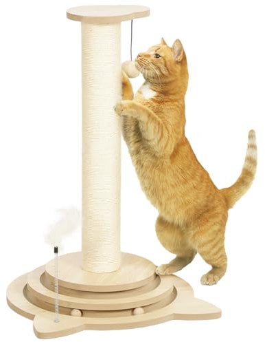 PawHut 4-in-1 Kratzstamm, 69cm Kratzsäule, Sisal-Katzenkratzbaum mit Spielball, Kratzbaum für Katzen, Katzen Kratzmöbel, Indoor, Eiche