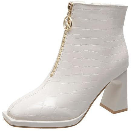 Generico Stivaletto Primavera Donna Bikers Donna Stivali Punta Quadrata da Donna Tacco Medio Tacco Grosso Cerniera Frontale Sexy Tinta Unita Tacco Medio Stivaletti Stivali Rossi Donna (White, 40)